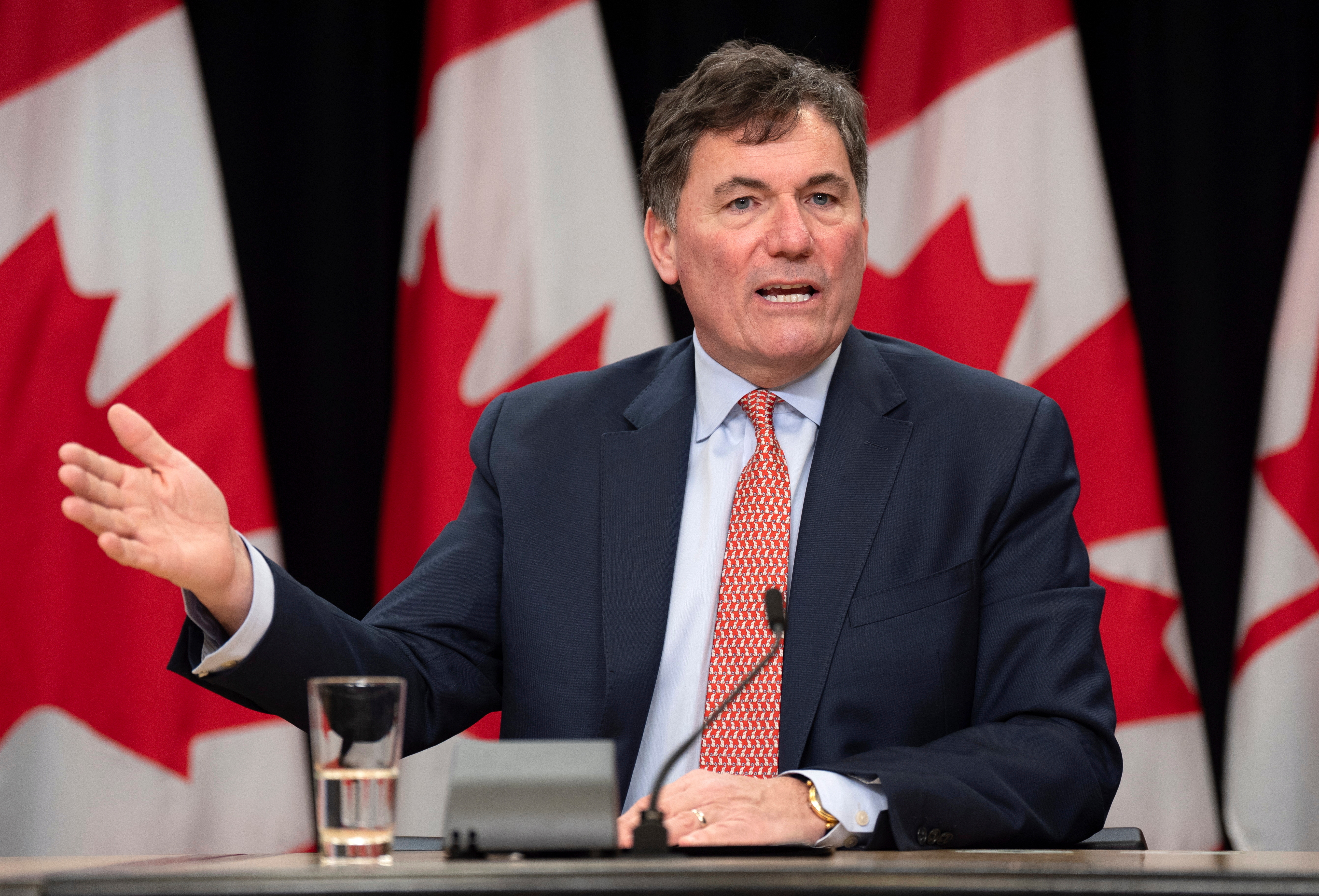 Finance Minister Dominic LeBlanc gestures during a news conference on tariffs, March 12, 2025, Ottawa, Ontario.