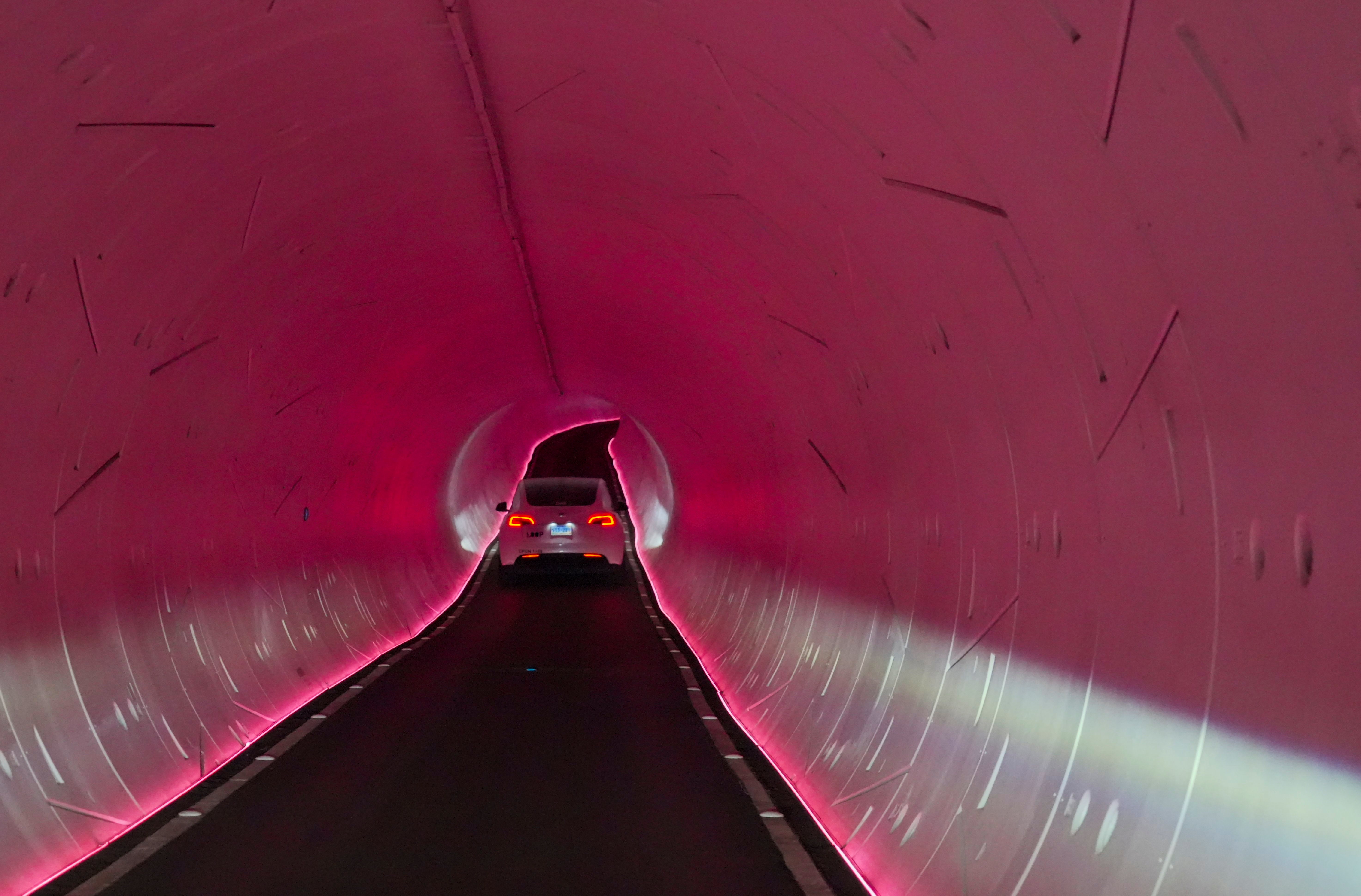 A Tesla is driven through the Vegas Loop under the city on Wednesday, Feb. 4, 2026, in Las Vegas.