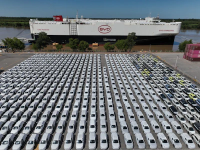 The BYD Changzhou car carrier is docked at Terminal Zarate in the Buenos Aires province of Argentina, Tuesday, Jan. 20, 2026, where hybrid and electric vehicles shipped from China are parked next to the ship.