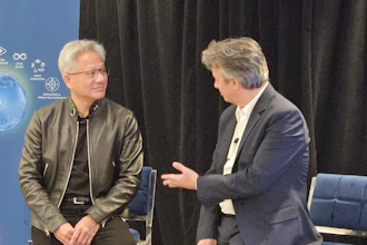 Nvidia CEO Jensen Huang (left) and Dassault Systèmes CEO Pascal Daloz at Dassault's 2026 3DEXPERIENCE World conference in Houston.