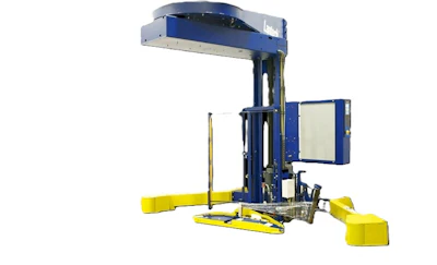 Industrial blue and yellow automated packaging machine with robotic wrapping mechanism