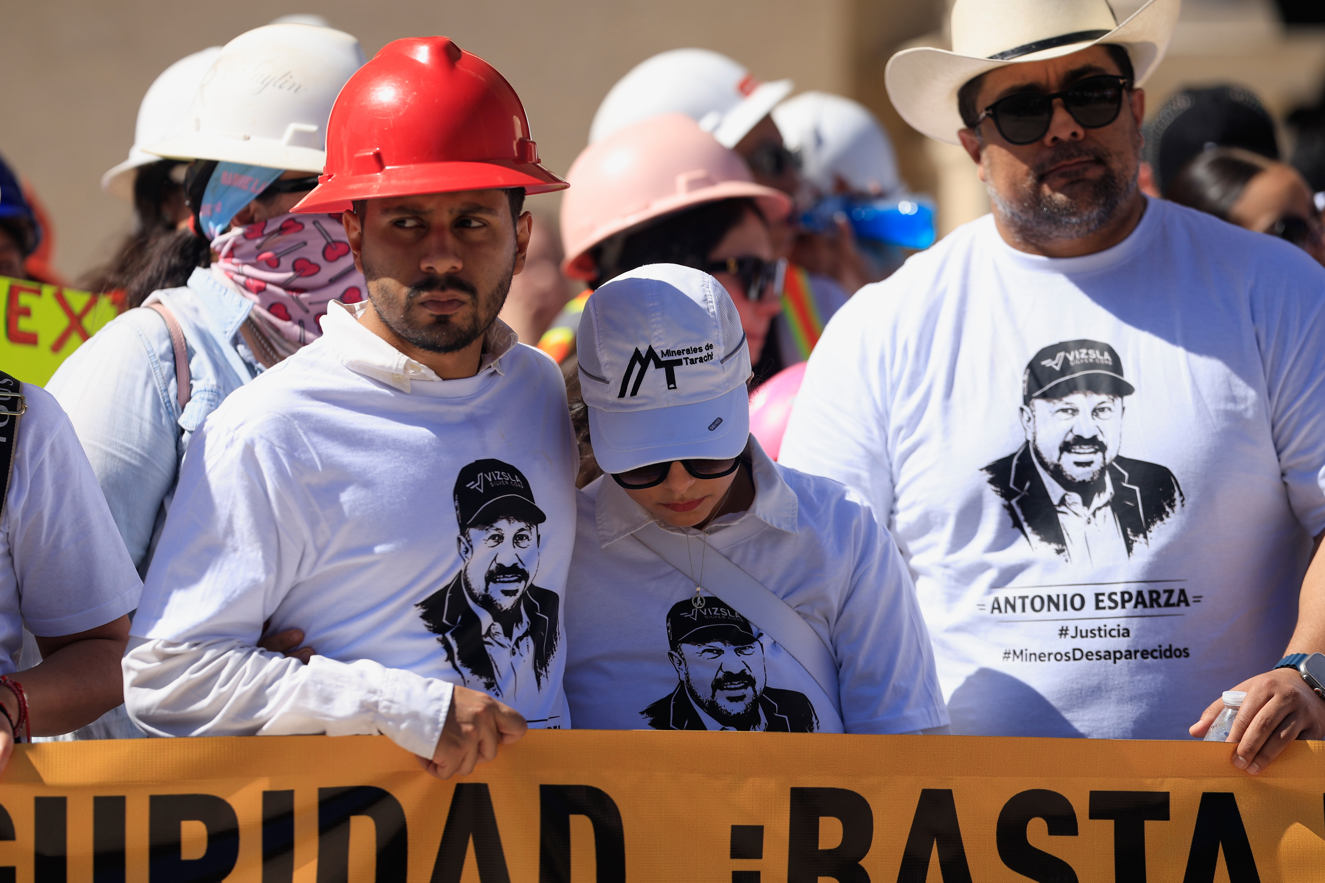 Relatives of Antonio Esparza, one of 10 mine workers abducted in neighboring Sinaloa state, during protest march in Hermosillo, Mexico, Saturday, Feb. 14, 2026.