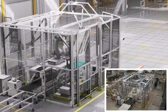 The new ABB Robotics RobotStudio HyperReality verses a real world image of the same robot cell in a factory.