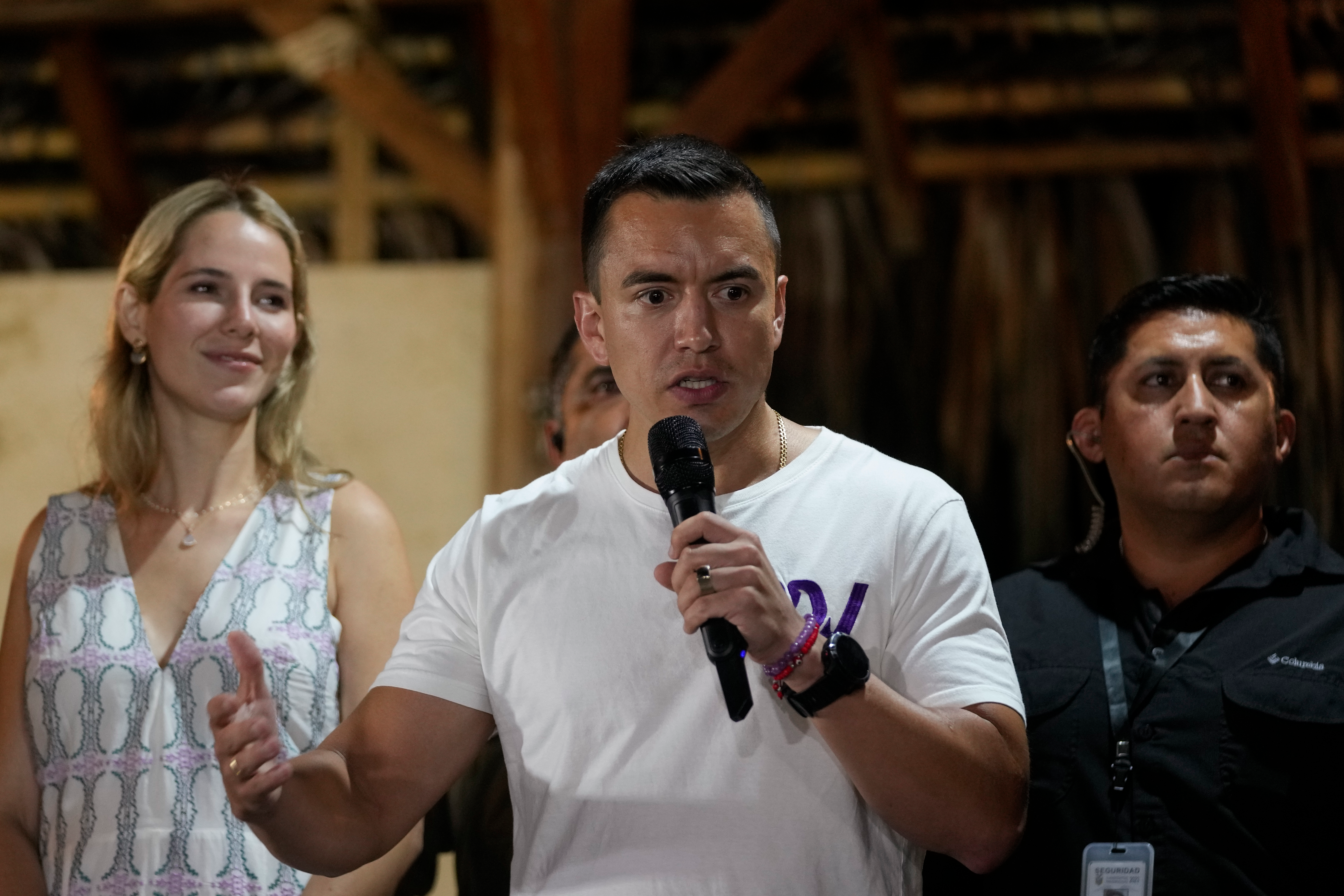 Then-presidential candidate Daniel Noboa speaks in Olon, Ecuador, Oct. 15, 2023.