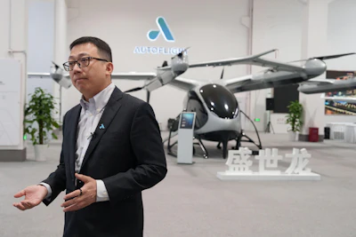 Steven Yang, senior vice president of AutoFlight, speaks during an internview wtih The Associated Press in front of eVTOL aircraft in Shanghai, China, on Feb. 24, 2026.