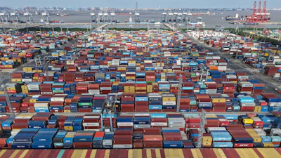 An aerial view of a container terminal in seen in Shanghai, March 10, 2026.