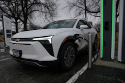 An electric vehicle charges at a station Wednesday, March 11, 2026, in Lincolnwood, Ill.
