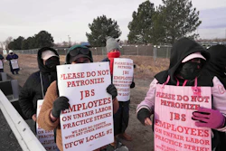 Meatpacking workers strike at Colorado's JBS-owned Swift Beef company Monday, March 16, 2026, in Greeley, Colo.
