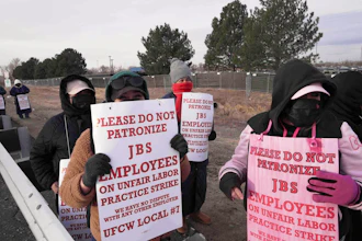 Meatpacking workers strike at Colorado's JBS-owned Swift Beef company Monday, March 16, 2026, in Greeley, Colo.