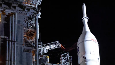 The NASA Artemis II rocket with the Orion spacecraft aboard leaves the Vehicle Assembly Building moving slowly to pad 39B at the Kennedy Space Center in Cape Canaveral, Fla., Friday, March 20, 2026.