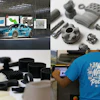 Manufacturing and design showcase featuring blue sports car, precision metal parts, 3D-printed components, and team member in branded apparel