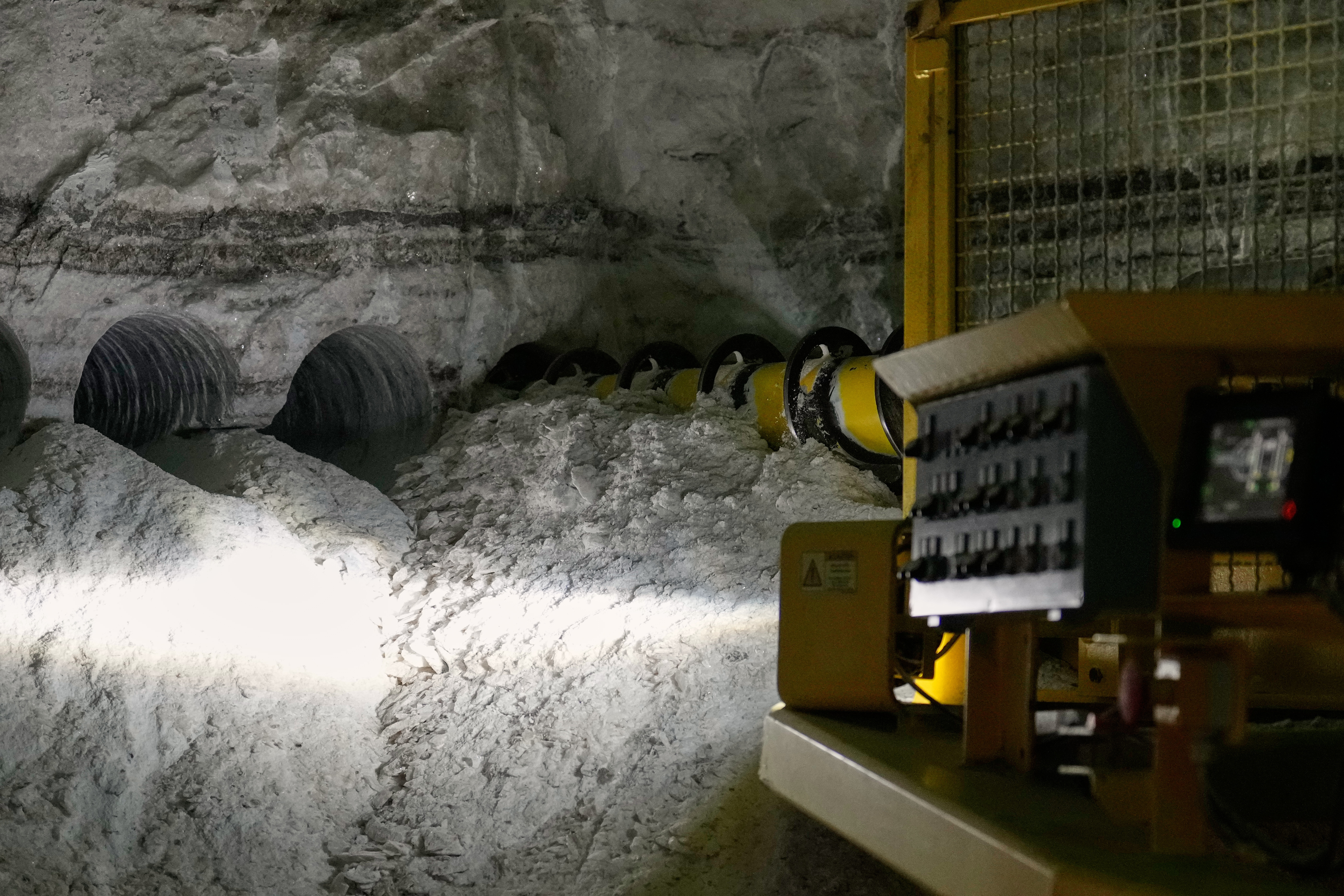 Relief holes are drilled into a face in the Cargill salt mine, 1,800 feet below the surface of Lake Erie, in Cleveland, Ohio, Thursday, March 19, 2026.