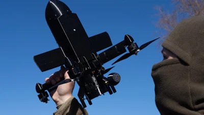 An instructor from the Ukrainian company General Cherry demonstrates the operation of an anti-air interceptor drone designed to destroy Russian attack drones in Kyiv region, Wednesday, March 11, 2026.