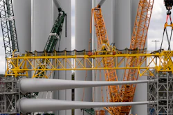 Wind turbine components sit at New London State Pier, April 16, 2025, in New London, Conn.