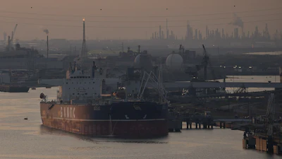 A ship is docked as the sun sets at the Port of Corpus Christi, Corpus Christi, Texas, Nov. 16, 2023.