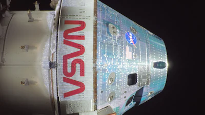 This photo provided by NASA shows the exterior of the Orion spacecraft Integrity during the Artemis II mission en route to the moon on Friday, April 3, 2026.