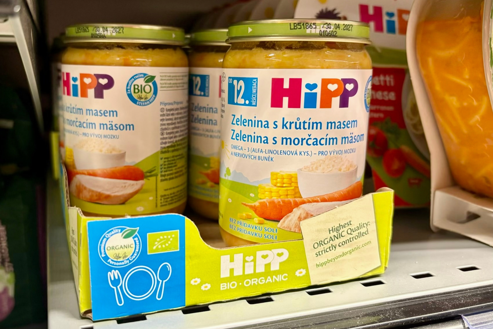 A view of HIPP baby food on a shelf, in Ceske Budejovice, Czech Republic, Sunday, April 19, 2026.