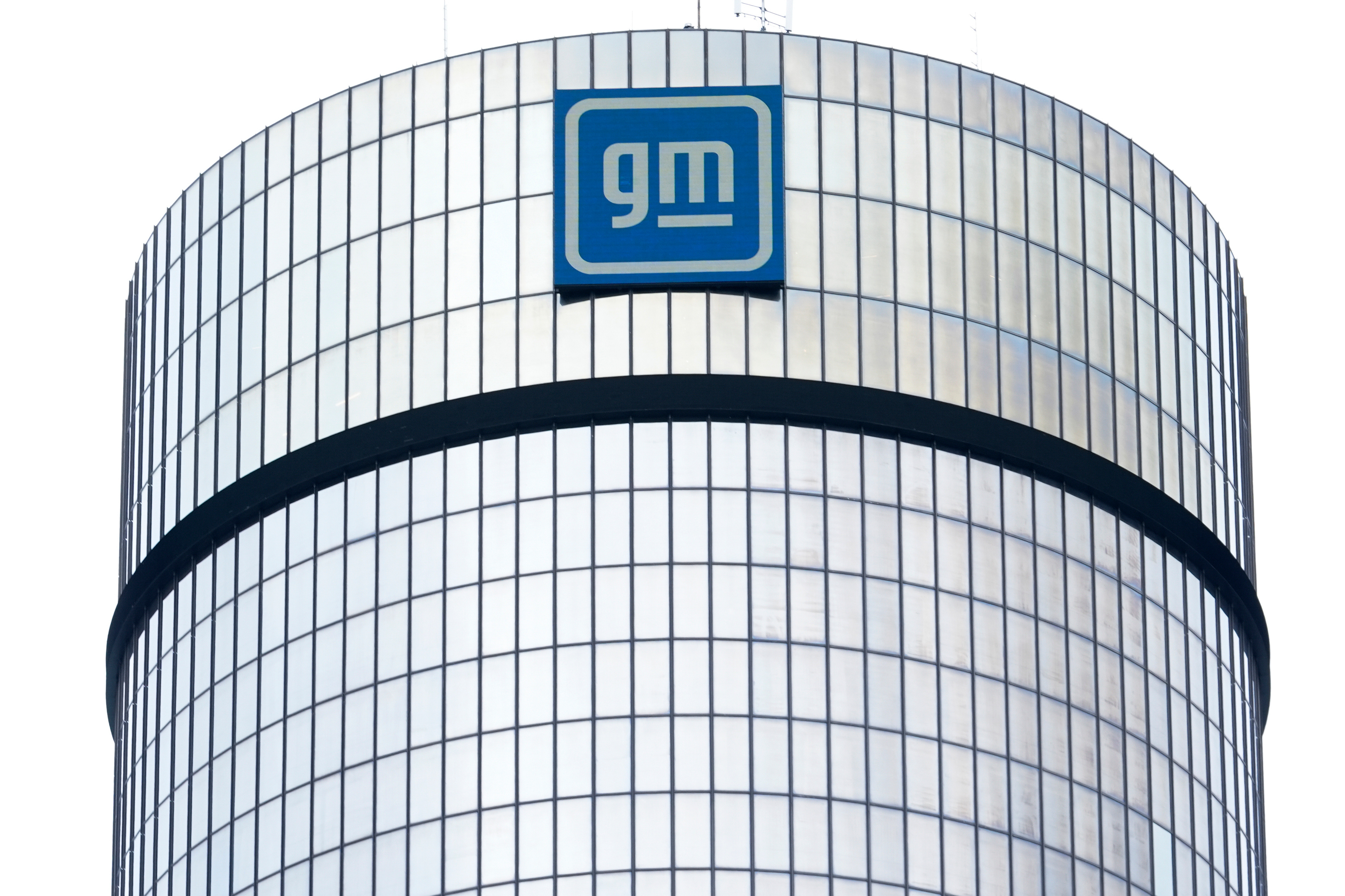 The General Motors logo is displayed at its headquarters in Detroit on April 24, 2024.
