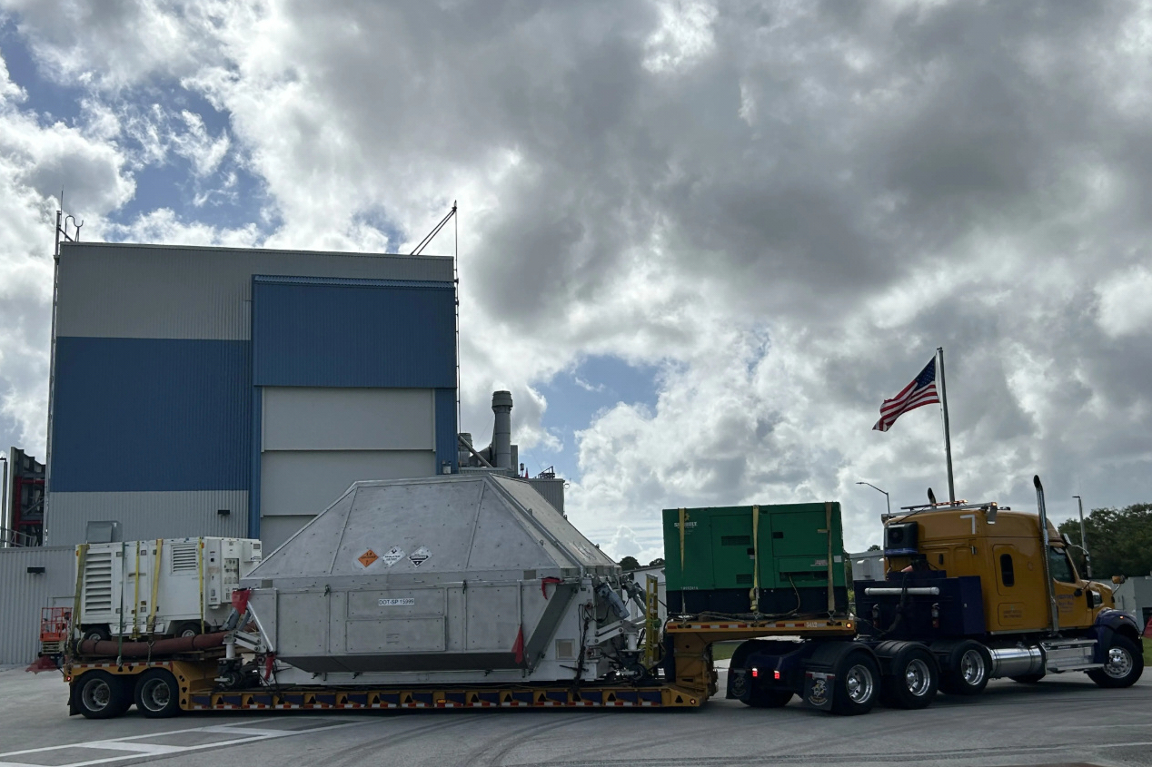 This photo provided by NASA shows the Orion spacecraft arriving at the Kennedy Space Center Multi Payload Processing Facility in Merritt Island, Fla., Tuesday, April 28, 2026.