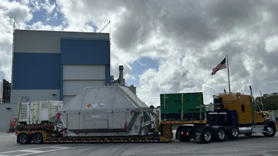 This photo provided by NASA shows the Orion spacecraft arriving at the Kennedy Space Center Multi Payload Processing Facility in Merritt Island, Fla., Tuesday, April 28, 2026.