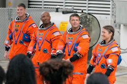 Astronauts, from left, Mission Specialist Jeremy Hansen, of Canada, Pilot Victor Glover, Commander Reid Wiseman, and Mission Specialist Christina Koch pose for a photo after leaving the Operations and Checkout Building for a trip to Launch Pad 39-B and a planned liftoff on NASA's Artemis II moon rocket at the Kennedy Space Center Wednesday, April 1, 2026, in Cape Canaveral, Fla.