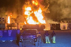 This photo provided by the Nacogdoches County Sheriff's Office shows a fire burning at a H&P drilling company well Monday, April 20, 2026, about 20 miles away from Nacogdoches, Texas.