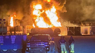 This photo provided by the Nacogdoches County Sheriff's Office shows a fire burning at a H&P drilling company well Monday, April 20, 2026, about 20 miles away from Nacogdoches, Texas.