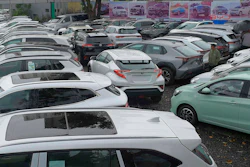 A batch of electrical vehicles for sale parked at a car yard in Addis Ababa, Ethiopia on Oct. 3, 2024.
