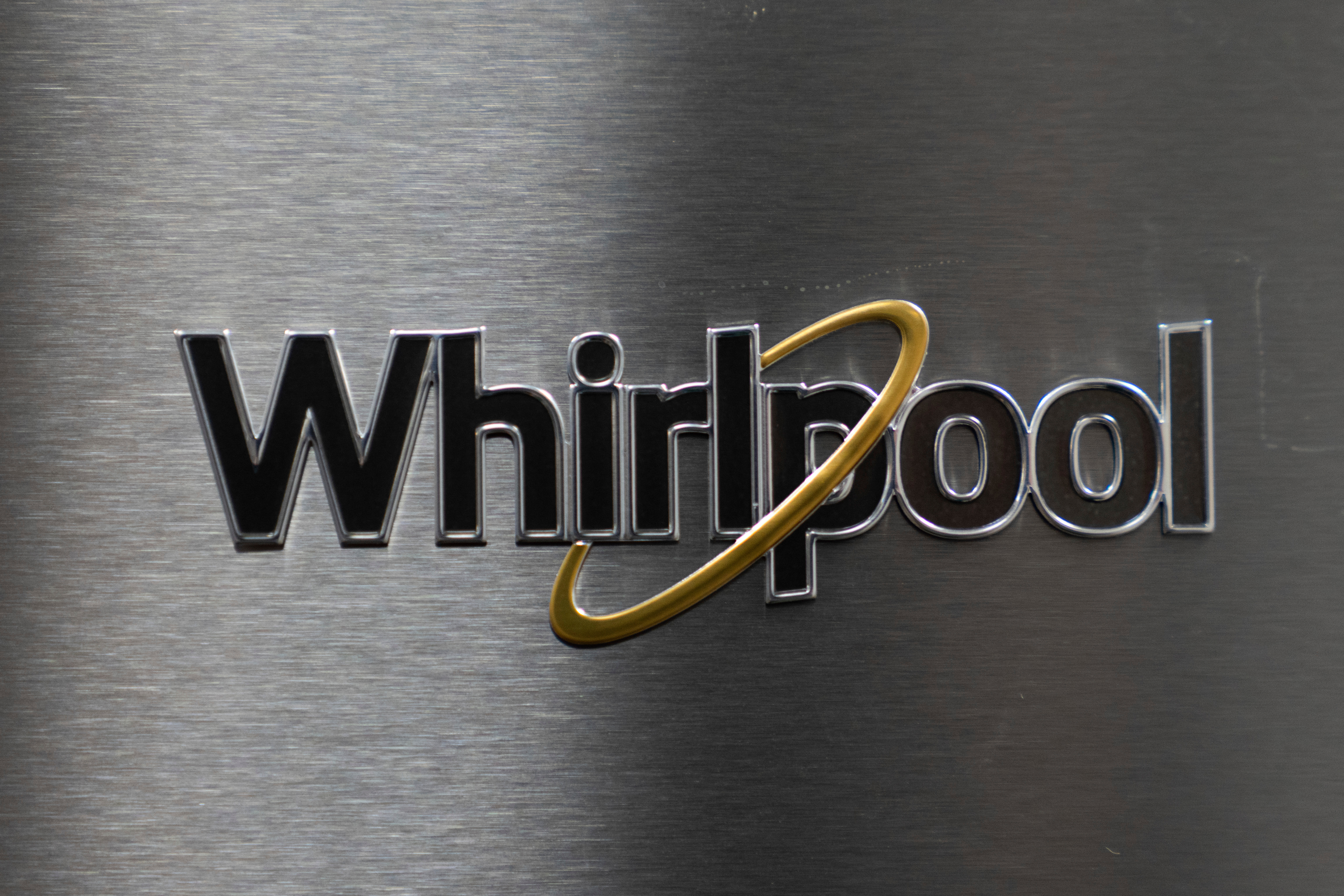 A logo for Whirlpool is seen at Riegelmann's Appliance on April 3, 2025, in Gresham, Ore.