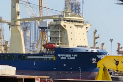 The South Korean-operated vessel HMM NAMU is docked after being damaged from a fire following an explosion in the Strait of Hormuz, Dubai, United Arab Emirates, May 8, 2026.