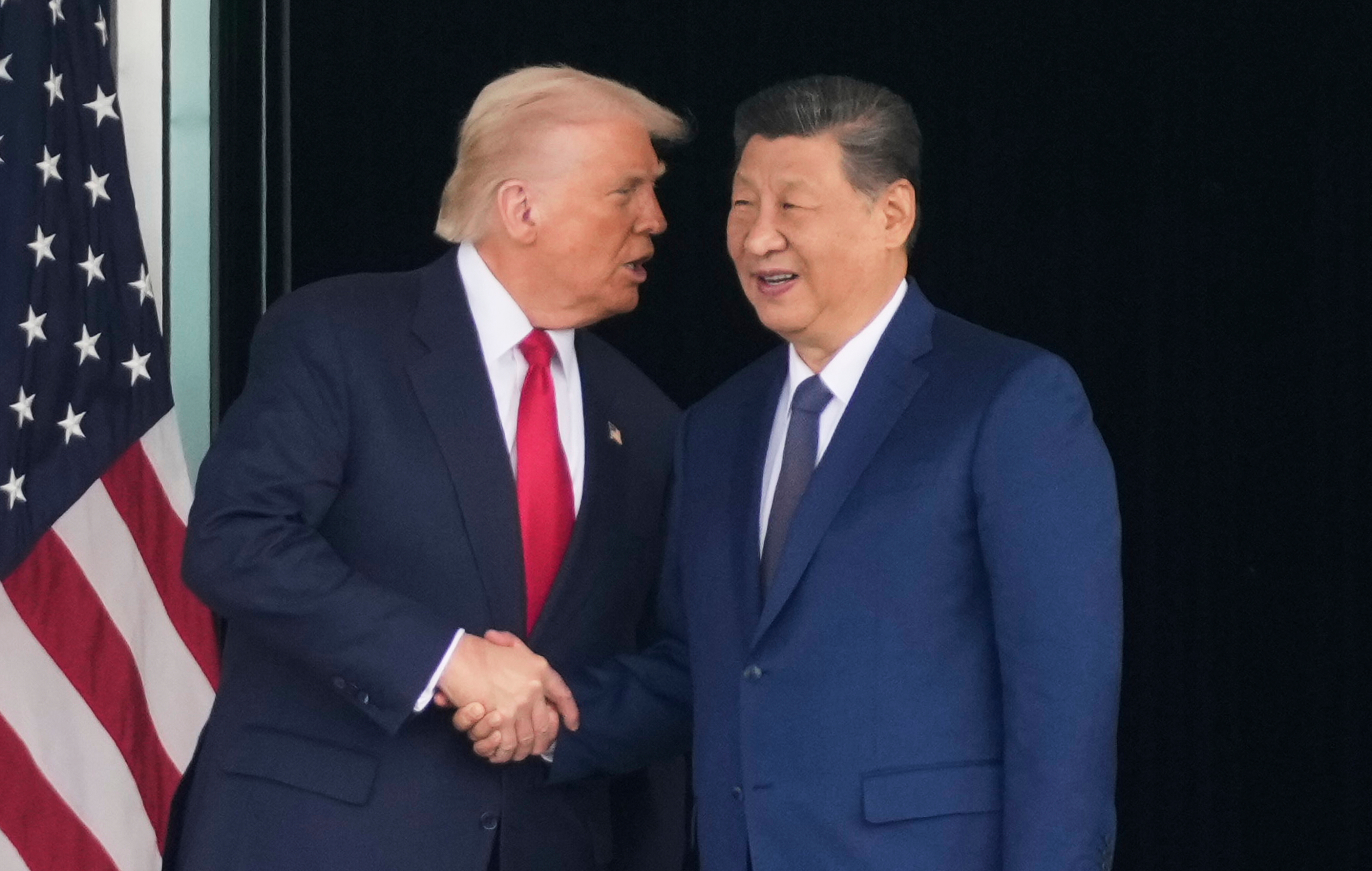 President Donald Trump and Chinese President Xi Jinping shake hands at Gimhae International Airport Jinping, Busan, South Korea, Oct. 30, 2025.