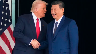 President Donald Trump and Chinese President Xi Jinping shake hands at Gimhae International Airport Jinping, Busan, South Korea, Oct. 30, 2025.