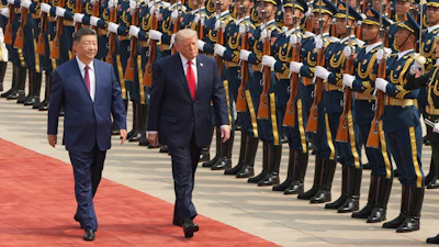 President Donald Trump participates in a welcome ceremony with China's President Xi Jinping at the Great Hall of the People, Beijing, May 14, 2026.