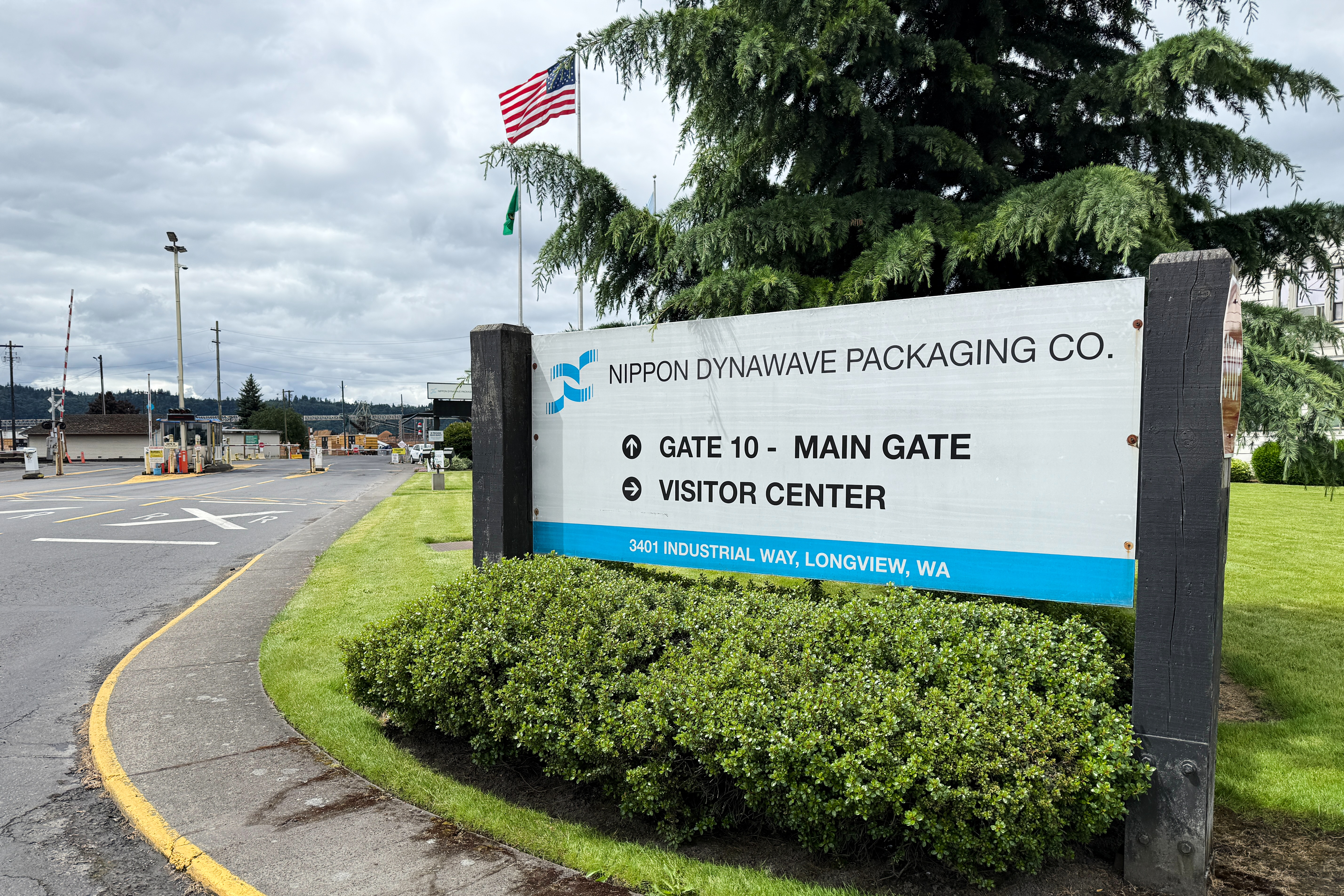The exterior of the Nippon Dynawave Packaging Co. is shown, after a tank containing hazardous liquid imploded, on Tuesday, May 26, 2026 in Longview, Wash.