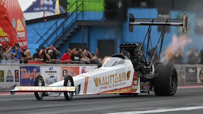 In this photo provided by the NHRA, Top Fuel's Shawn Langdon sets a new NHRA speed record Friday, May 1, 2026, at the NHRA Southern Nationals drag races at South Georgia Motorsports Park in Adel, Ga.
