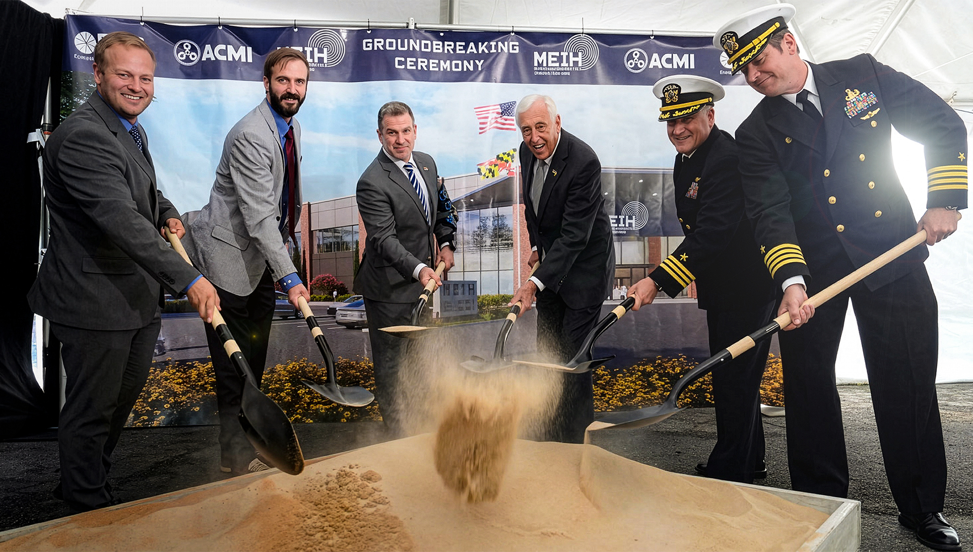 (Left to right) Indian Head Mayor Brandon Paulin, ETC President and CEO Will Durant, ACMI Properties CEO David Dowell, U.S. Representative Steny Hoyer (MD-05), Commander Robert Lusk from NSA South Potomac, NSWC Indian Head Commanding Officer Captain Stephen Duba