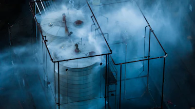 Water is sprayed on a tank that overheated at an aerospace plant in Garden Grove, Calif., Friday, May 22, 2026.
