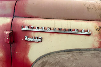 The make and series are displayed on the side of a 1956 International Harvester S-130 pickup truck in Mason, Ill., Sunday, May 24, 2026.