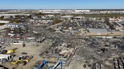 This photo provided by the National Transportation Safety Board shows UPS plane crash scene, Nov. 6, 2025 in Louisville, Ky.