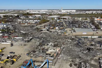 This photo provided by the National Transportation Safety Board shows UPS plane crash scene, Nov. 6, 2025 in Louisville, Ky.