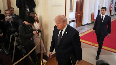 President Donald Trump and Kevin Warsh arrive at Warsh's swearing-in ceremony as Fed chair, May 22, 2026.
