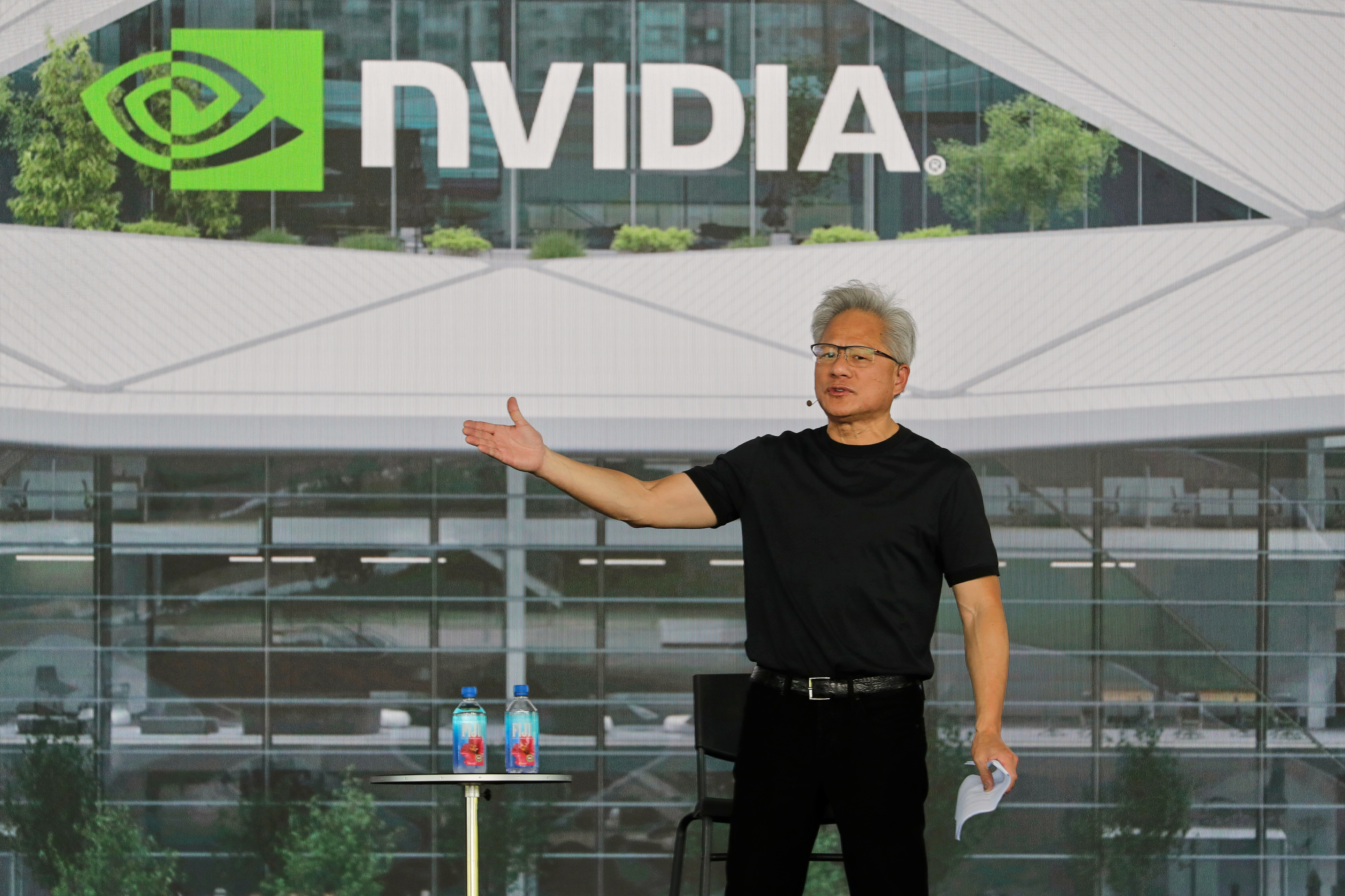 Nvidia CEO Jensen Huang delivers a speech during an all employee celebration at the construction site of their Taiwan headquarters 'Constellation' in Taipei, Taiwan, Wednesday, May 27, 2026.