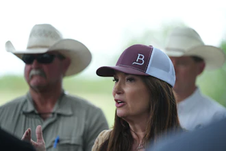 U.S. Agriculture Secretary Brooke Rollins talks about a sterile fly dispersal station placed on a ranch near La Pryor, Texas, June 11, 2026.