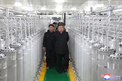 In this photo provided by the North Korean government, its leader Kim Jong Un, front right, visits a new facility to produce nuclear bomb fuels at an undisclosed place in North Korea Wednesday, June 3, 2026. Independent journalists were not given access to cover the event depicted in this image distributed by the North Korean government. The content of this image is as provided and cannot be independently verified. Korean language watermark on image as provided by source reads: 'KCNA' which is the abbreviation for Korean Central News Agency.