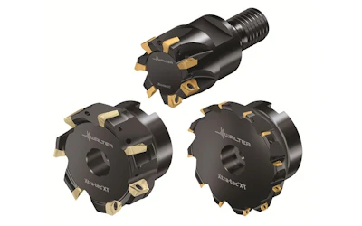 Three black industrial face mill cutting tools with gold inserts and threaded shanks