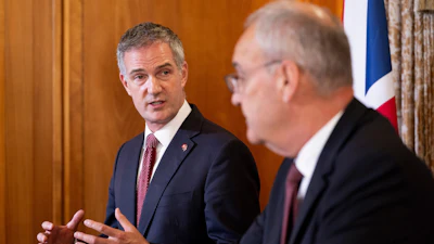 Britain's Secretary of State for Business and Trade, Peter Kyle, left, and Swiss Federal President Guy Parmelin, Hotel Bellevue Palace, Bern, Switzerland, July 13, 2026.