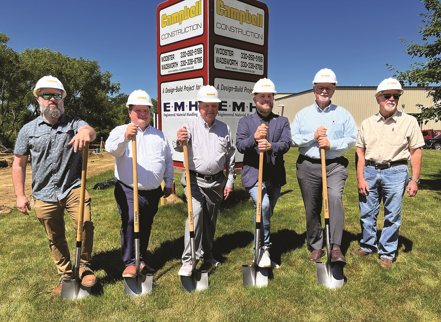 Pictured at the groundbreaking from left to right: Joe Campbell, Campbell Construction President; Jim Kehres, EMH Crane President; Edis Hazne EMH CEO and majority owner; Brandon Gibson, Economic Development Manager, MCEDC; Dave Comiono, EMH VP and co-owner; and John Campbell, CEO Campbell Construction.