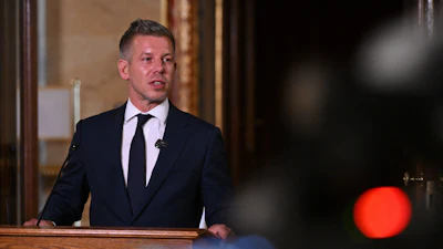 Hungarian Prime Minister Peter Magyar holds an extraordinary press briefing following a voting on the 17th amendment to the Fundamental Law in the parliament building in Budapest, Hungary, Monday, July 13, 2026.