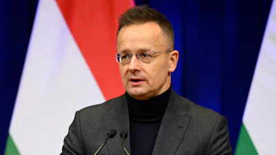 The then-Hungarian Minister of Foreign Affairs and Trade Peter Szijjarto holds a press conference following a cabinet meeting in Budapest, Hungary, Wednesday, Feb. 18, 2026.