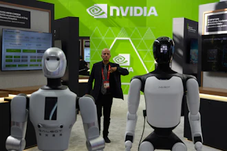 A worker stands near robots at the Nvidia booth during the China International Supply Chain Expo in Beijing on June 22, 2026.